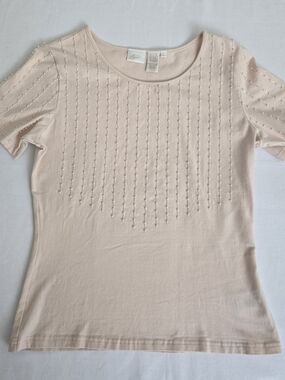 Apart Short Sleeve Scoop Neck Tee with Beaded Front in Light Blush